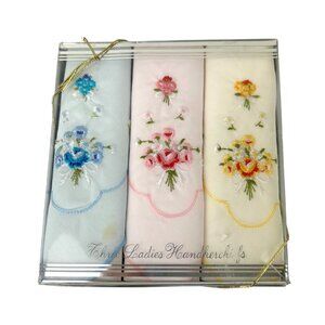 Vintage Embroidered Handkerchiefs Set of 3 Blue Pink Yellow MCM Cotton READ